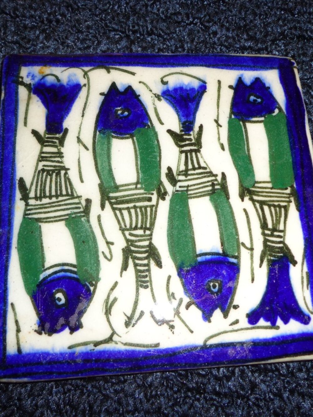 Pottery Glazed Hot Pot Holder Fish Motif 5x5" Square Blue/Green/Cream
